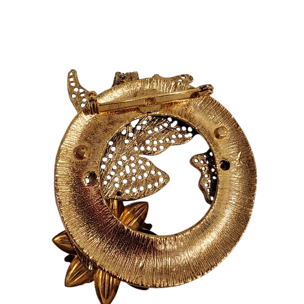 Vintage filigree brooch pin black gold flower leaf gold tone  A0220
